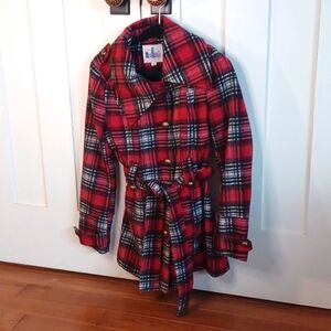 Red, white, black plaid jacket.